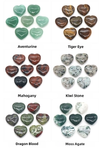 Polished 20mm heart-shaped stones in green aventurine, tiger eye, and various gemstones