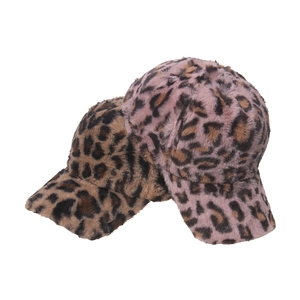 Brown and pink faux fur leopard print baseball caps for women on white background