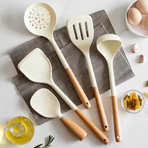 Silicone Kitchen Cooking Utensils Heat Resistant Non-Stick Spatula Soup Spoon Slotted Turner Wood Handle Gadgets