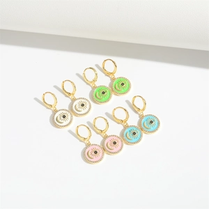 Elegant gold evil eye moon hoop earrings with colorful enamel and zircon charms