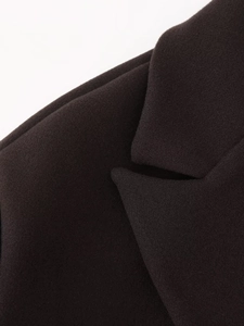 Close-up of thick wool blend texture and notched lapel on this urban style long coat