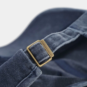 Navy blue washed cotton open top baseball cap with vintage brass adjustable metal buckle
