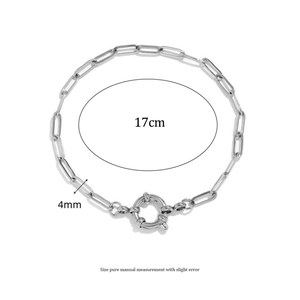 Detail view of silver paperclip chain bracelet with spring clasp and dimensions 17cm by 4mm