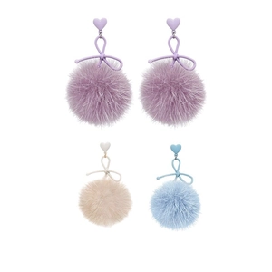 Elegant bow knot earrings with soft pom-poms in purple beige and blue tones