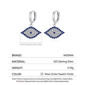 S925 Sterling Silver Evil Eye Hoop Earrings with Blue and White Zirconia 10.5x18.5mm