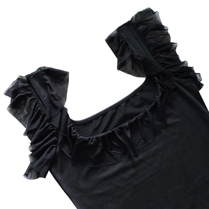 Detail shot of the ruffled neckline and mesh splicing on this black backless dress