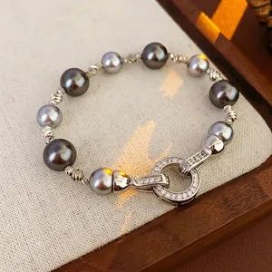 Elegant Grey Imitation Artificial Pearl Bracelet Circular Zircon Pave Clasp Luxury Fashionable Jewelry Copper For Women