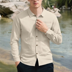 Men's beige waffle knit polo shirt with short sleeves and front pocket for beach vacation