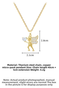 Detail of cupid angel pendant with cubic zirconia wings and heart stone on titanium chain