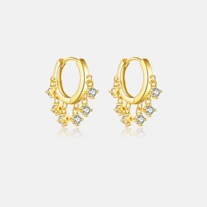 Detailed macro view of S925 sterling silver gold earrings with star and zircon charms