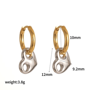 Detailed dimensions of gold and silver heart earrings showing 10mm diameter and 3.8g weight