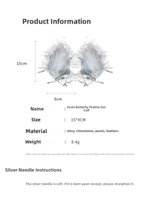 Detailed view of pearl butterfly feather ear cuff with rhinestone and size measurements