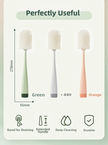 Three multi-color sponge bottle brushes with long handles and standing base for deep cleaning