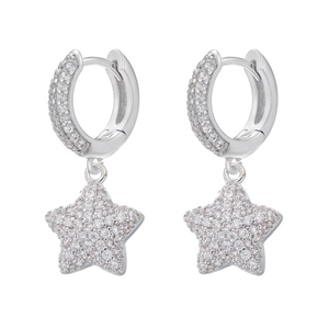 Detailed close-up of star shaped hoop earrings with silver pave cubic zirconia setting