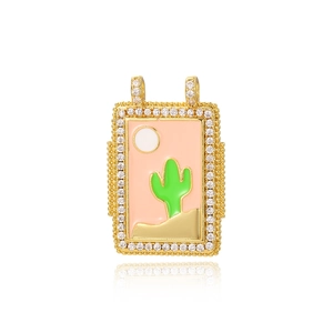 Detail of gold rectangle cactus pendant with pink enamel and sparkling crystals
