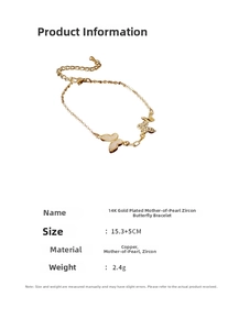 Détail du bracelet papillon plaqué or 14K avec nacre et pierres de zircon scintillantes