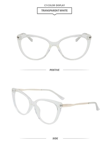 Detail view of transparent white cat-eye frames with golden metal legs from two angles