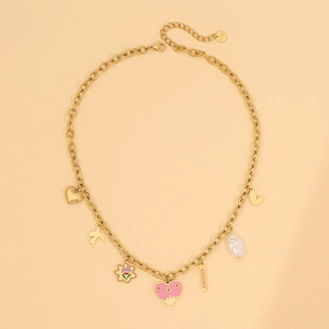 Detail of gold stainless steel necklace with heart charms, pearl and AMOUR engraving