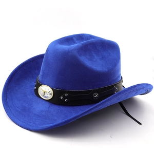 Detail of royal blue suede cowboy hat featuring leather band with star rivets and bull buckle