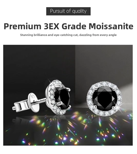 Macro shot of S925 silver black moissanite stud earrings with 3EX cut and halo design