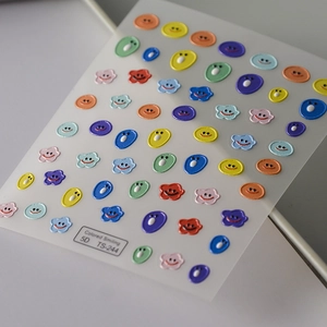 5D embossed daisy nail stickers with colorful smiling faces and floral patterns TS-244