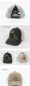 Detail view of khaki and camouflage high ponytail mesh hats with criss-cross back straps