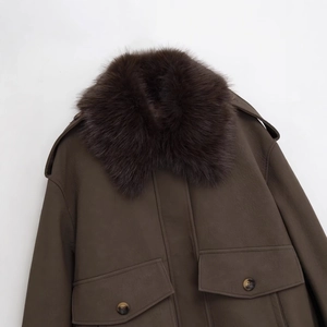 Deep brown faux leather jacket with plush faux fur collar and large flap pockets