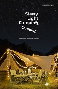 Warm white globe LED string lights illuminating a camping tent area under stars