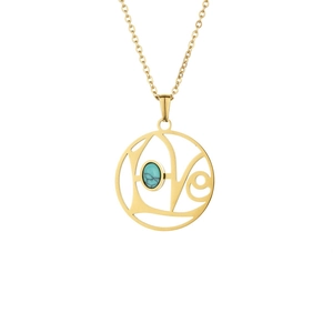 Collier doré en acier inoxydable avec pendentif rond LOVE et pierre de turquoise incrustée