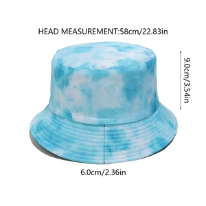Blue tie-dye bucket hat showing precise dimensions: 58cm head size and 6cm brim width