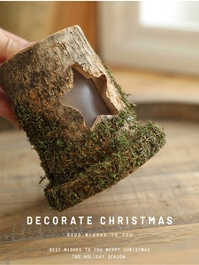 Close-up of wooden Christmas tree house light with star cutout and moss texture
