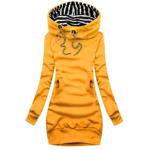 Detail of ginger yellow hooded sweatshirt dress with striped lining and large front pocket