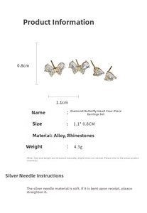 Detailed view of butterfly and heart stud earrings set with size and weight info