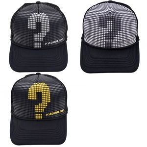 Three trucker hats with pixelated question mark logo and breathable mesh back panels