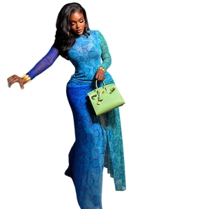 Elegant blue-green gradient mesh dress with puff print, long sleeves and side slit detail
