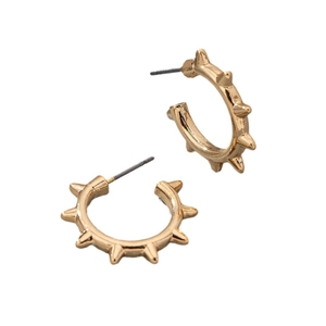Golden punk style C-shaped hoop earrings with sharp spikes in a minimalist design