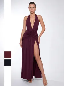 Women Halter Neck Deep V Neck Maxi Dress High Slit Backless Pleated Elegant Formal Party Evening Wear