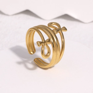 18K gold-plated stainless steel open ring with elegant double bow design in minimalist style