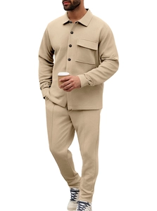 Detail of light khaki men long sleeve cardigan jacket with pocket and twill texture