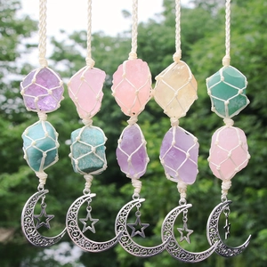 Handmade Natural Raw Stone Amethyst Rose Quartz Hanging Ornament Bohemian Healing Car Window Decor Alloy Moon Star Charms