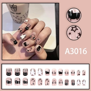 Faux ongles carrés roses avec motifs chat noir et étoiles, kit complet 24 pièces