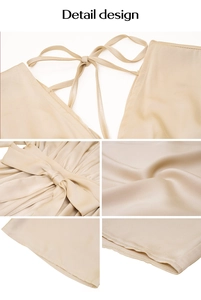 Detail design of champagne silk dress with back ties and elegant waist bow decoration