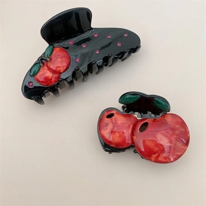 Creative cherry shark hair claw clip set with pink rhinestones for women's hairstyles