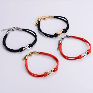 Infinity knot red and black braided cord bracelets with gold and silver steel charms