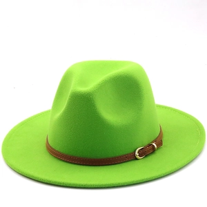 Detail of neon green wool fedora with a slim brown leather strap and gold buckle