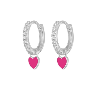 Detail of silver heart earrings with rose pink enamel and pave-set zirconia stones