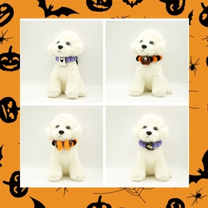 Collage of Halloween pet pompom collars with ghost and pumpkin charms for cats and dogs