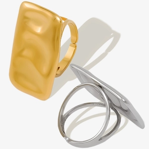 Adjustable 304 stainless steel rings with wavy rectangle surface in gold and silver