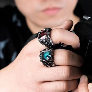 Men's vintage dragon claw rings with red and turquoise square stones in silver finish