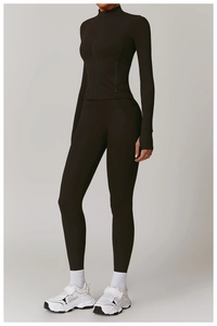Detail of high-density black fast-dry fabric with stand collar and zipper on yoga jacket